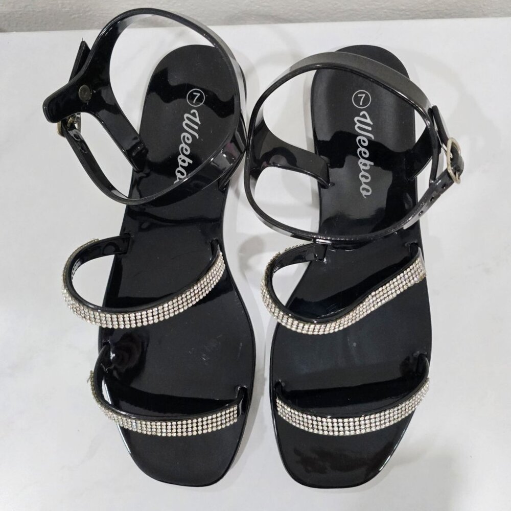 Weeboo ✦ Jelly Sandals ✦ Black Rhinestone Buckle Strap Open-Toe Lightweight 7
